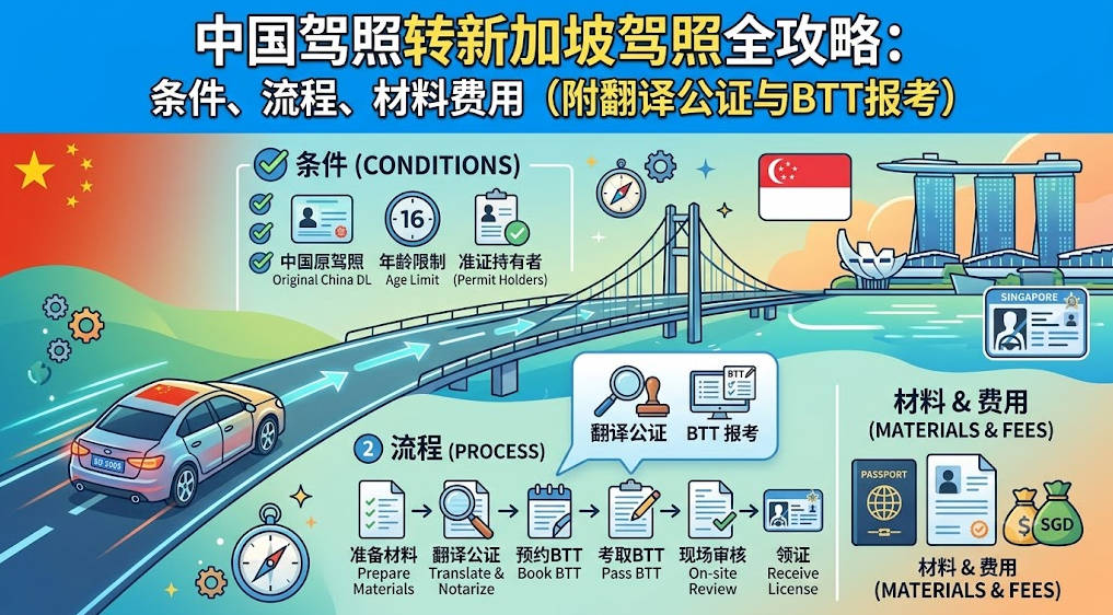 2026中国驾照转新加坡驾照全攻略：条件、流程、材料费用、翻译公证与BTT报考
